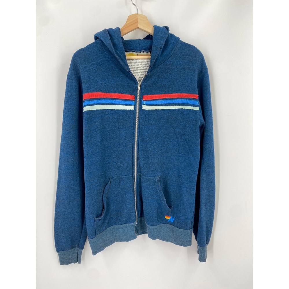Aviator Nation Zip Up Hoodie Women L Blue 5 Stripe Retro California Sweatshirt